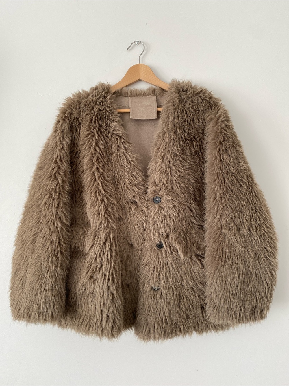 Taupe Teddy Jacket Plush Faux Fur Coat Oversized Sz S No-Collar Button Front